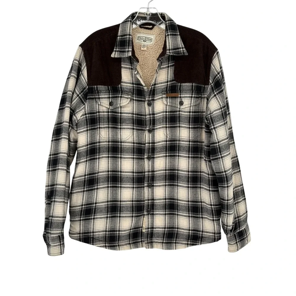 Field & Stream Flannel Shirt Jacket Black White Plaid Sherpa Lined Small